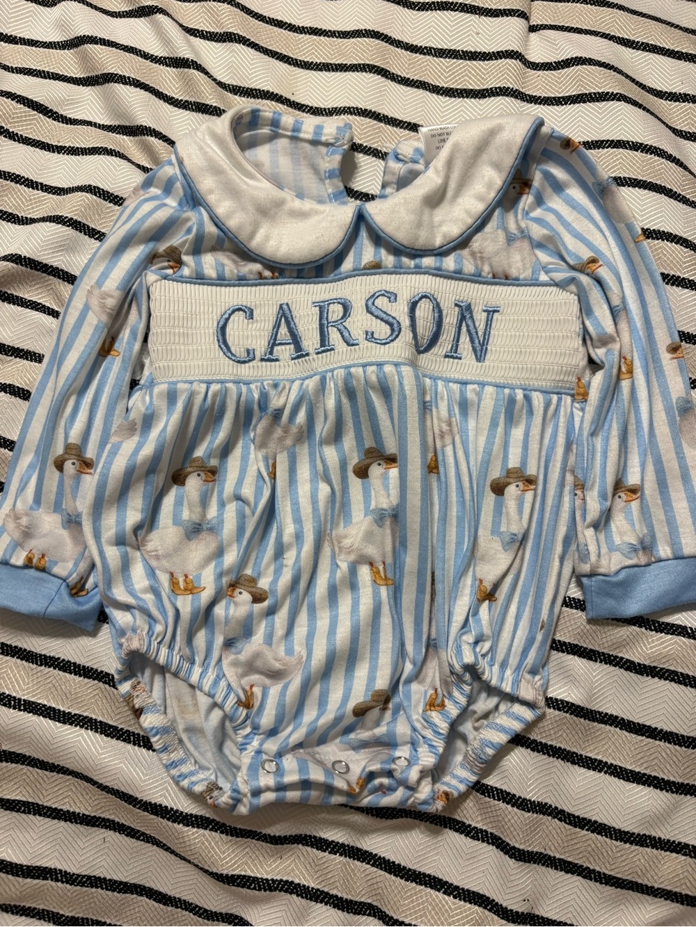 Personalized Blue & White Striped Baby Bubble with Goose Print - "Carson"